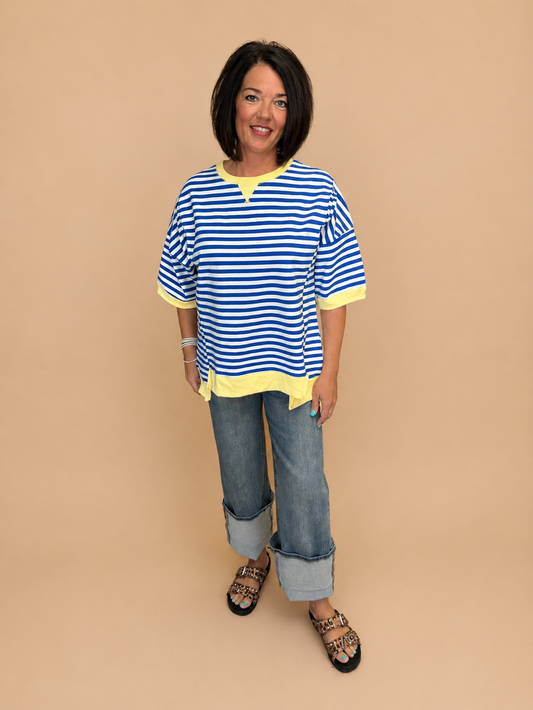 Blue and Yellow Oversized Striped Tee
