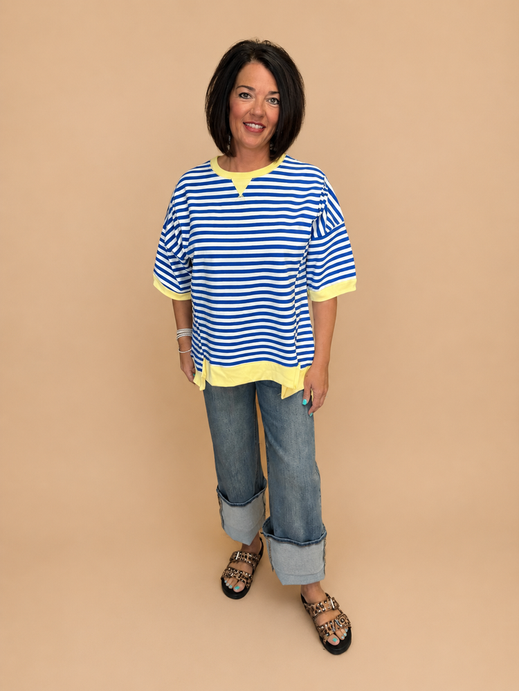 Blue and Yellow Oversized Striped Tee