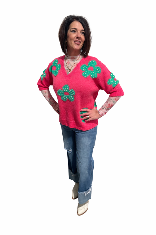 Flower Power Top w/ Pearl Embellishments