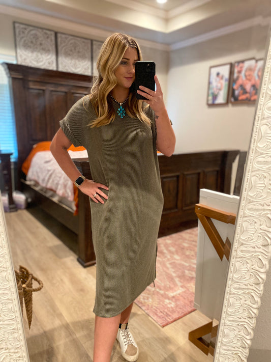 Olive Ribbed Midi Dress