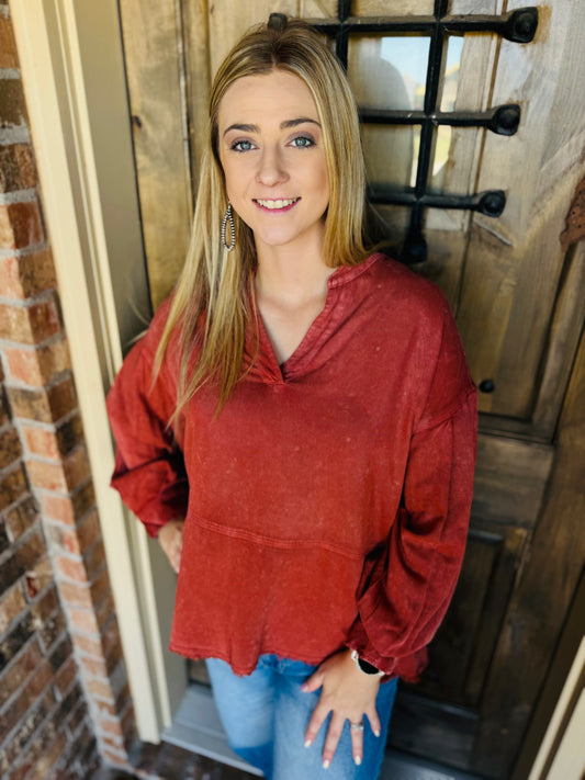 Rust Acid Wash Linen Blend Top