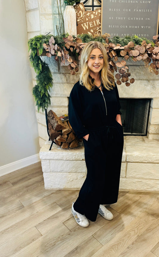 Black Zipper Front Wide Leg Jumpsuit