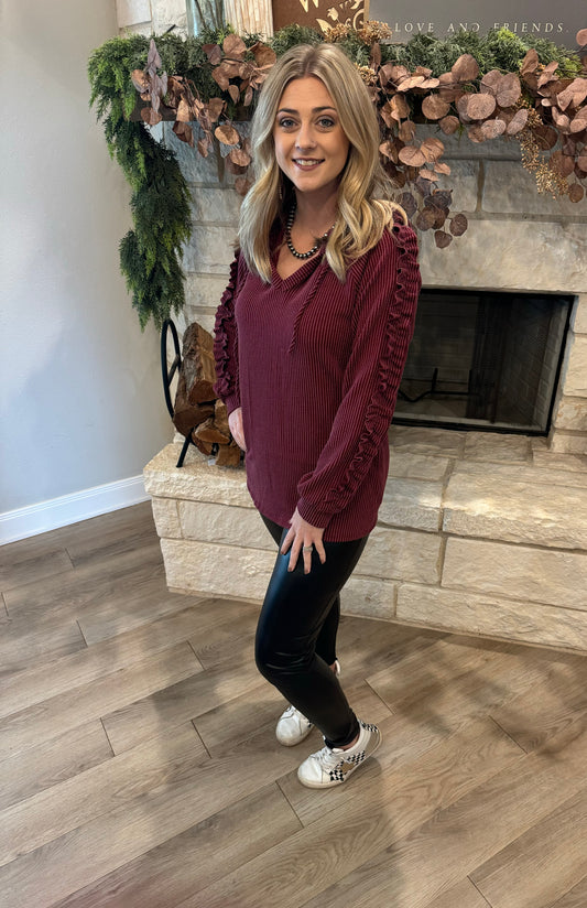 Burgundy Ribbed Ruffle Top