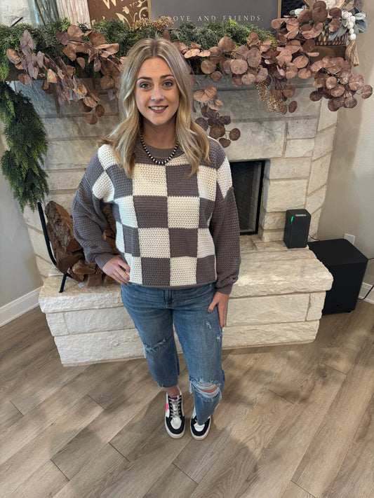 Checkered Crochet Knit Sweater