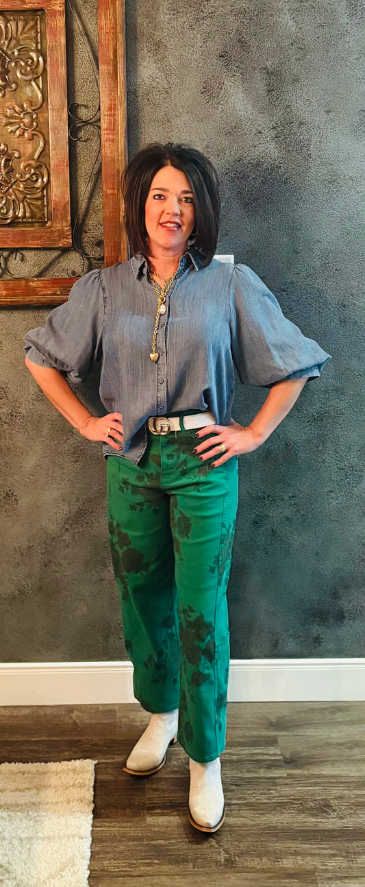 Forest Green Floral Wide Leg Crop Pants